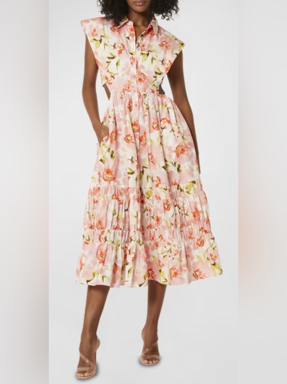 MISA Los Angeles Nicole Sleeveless Floral Cotton Tiered Midi Shirtdress size M